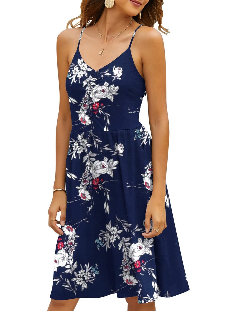 YATHON Casual Dresses for Women Sleeveless Cotton Summer Beach Dress A Line Spaghetti Strap Sundresses with Pockets (XL, YT090-Navy Floral 01) - Image 5
